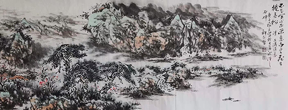 许红哲作品11《不是有心求画意 白云飞去捲春风》  尺寸：90X240cm
